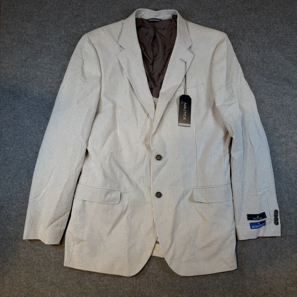 Nautica Brielle Mens 42L Blazer Grey Stripe Seersucker Modern Fit Active Stretch